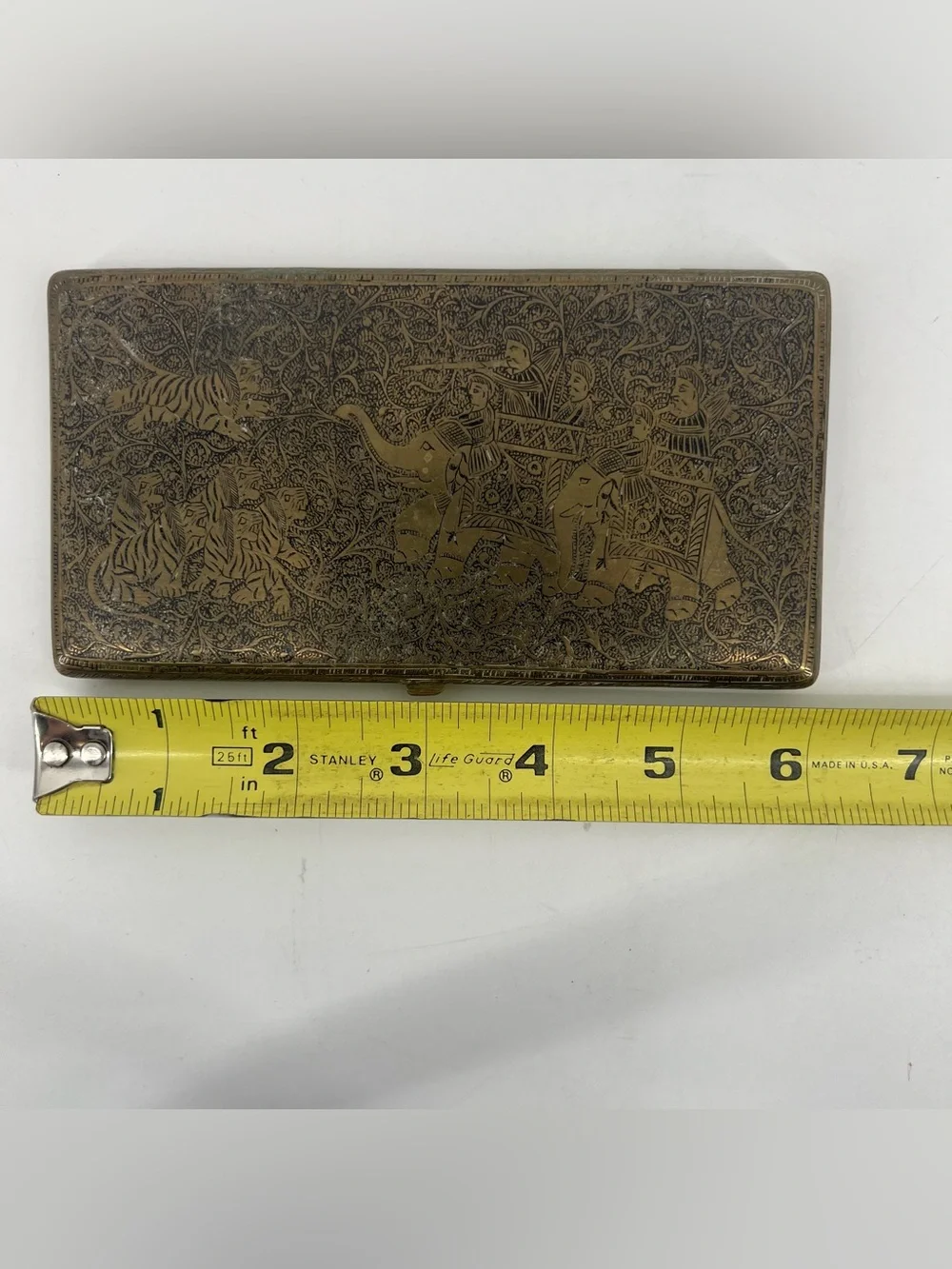 Vintage Brass Etched Cigarette Case Elastic Band Ornate Elephants Hunting Patina